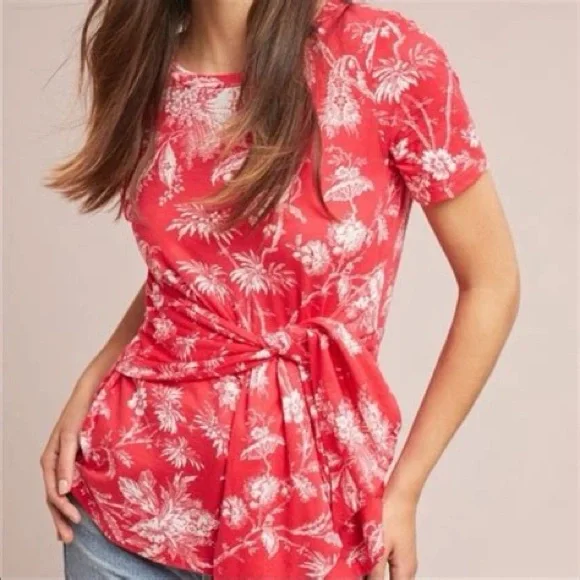 Maeve Anthropologie Red Tie Front Short Sleeve Shirt Size Small M1 - Picture 1 of 7